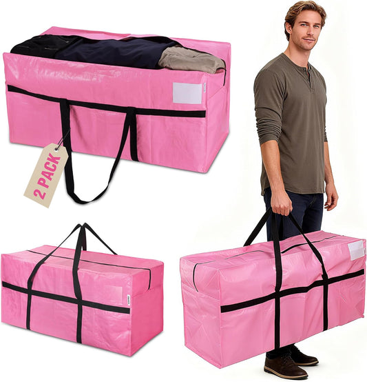 WORKPRO 2-Pack 66 Gallon Extra Large Moving Bags with Zippers, Carry Handles, Heavy-Duty, Water-Resistant Storage Totes for Moving & Space-Saving Organization, Pink