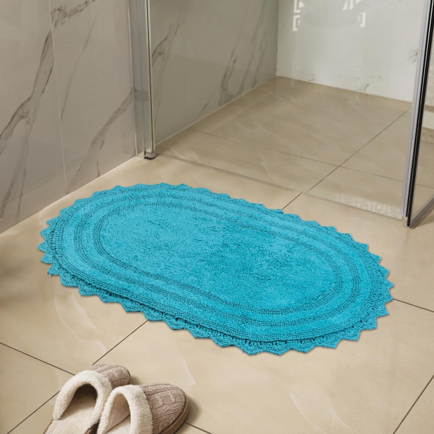 RAJRANG Pearled Bluebird Crochet Cotton Bath Mat | Reversible, Absorbent, Non-Slip Oval Rug for Bathroom, Spa & Kitchen | Machine-Washable, 34×21"