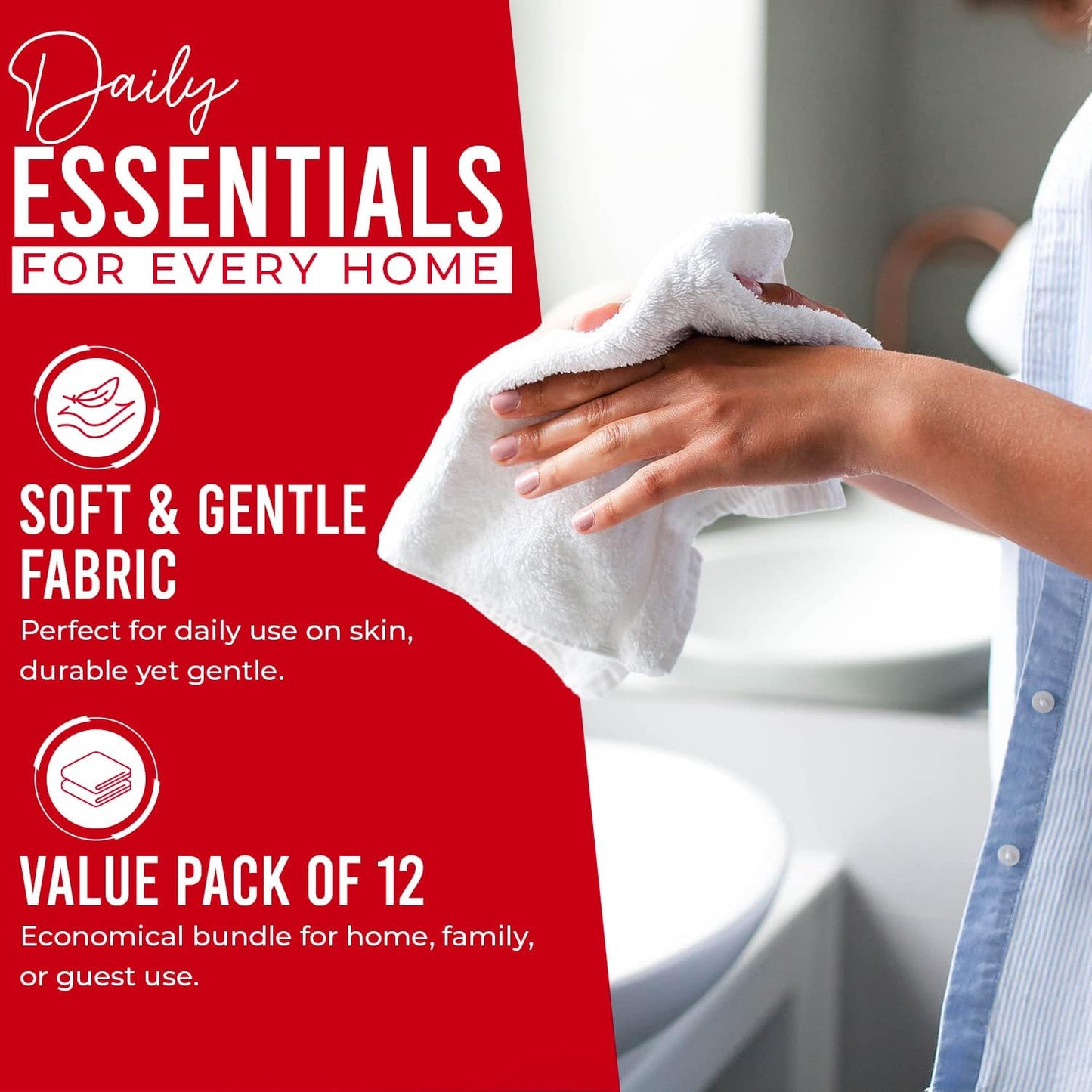 DAN RIVER 100% Cotton Wash Cloths 12 Pack [12x12] Soft & Absorbent Bath wash Cloths, Gym, Hotels & Spa Perfect for Everyday Use Fingertip Towels, Red