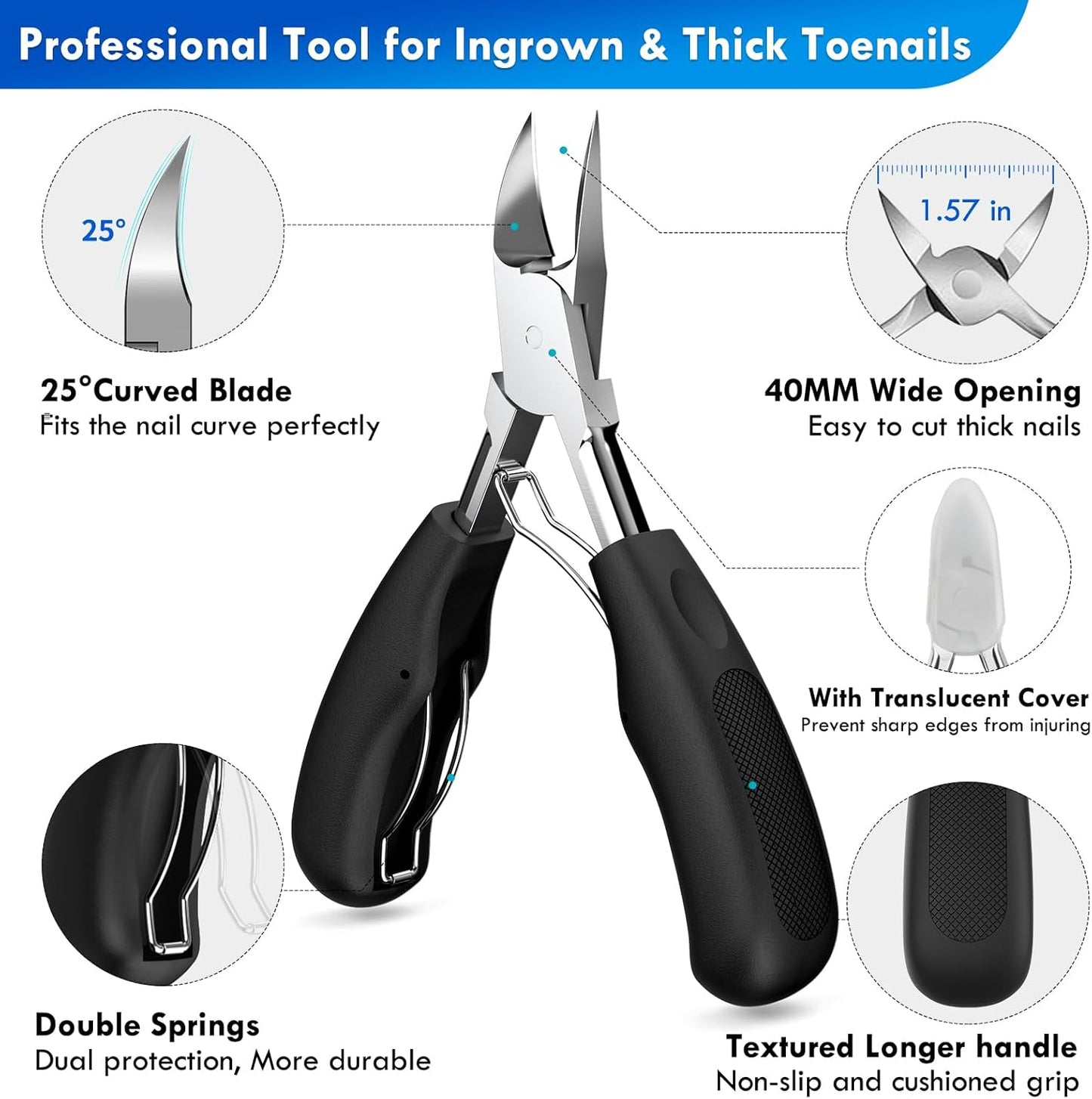 Professional Ingrown Toenail Tools Kit for Seniors,Wide Jaw Straight Nail Clippers,Large Angled Nail Clipper Cutters for Heavy Duty Thick Toe Nails or Fingernail,Manicure Set for Men Women