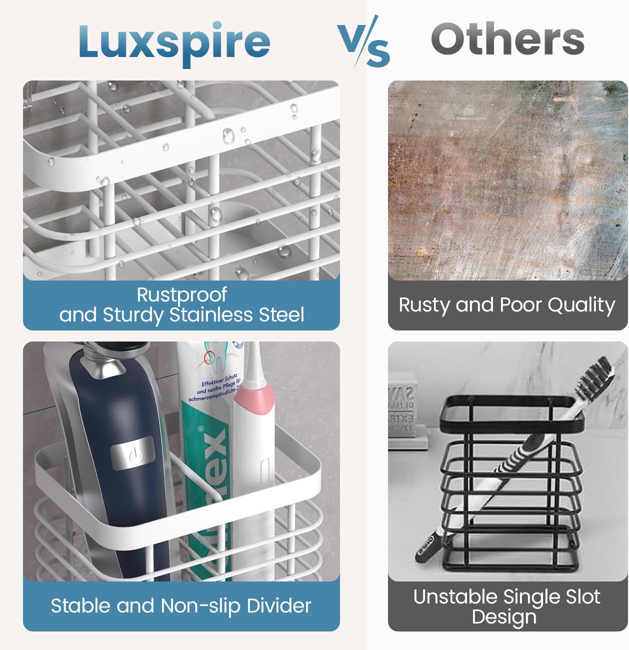 Luxspire Toothbrush Holders for Bathroom, Stainless Steel Electric Toothbrush Holder Wall Mounted, Shower Toothbrush Toothpaste Holder, Bathroom Organizer Essentials, 2 Slots, White