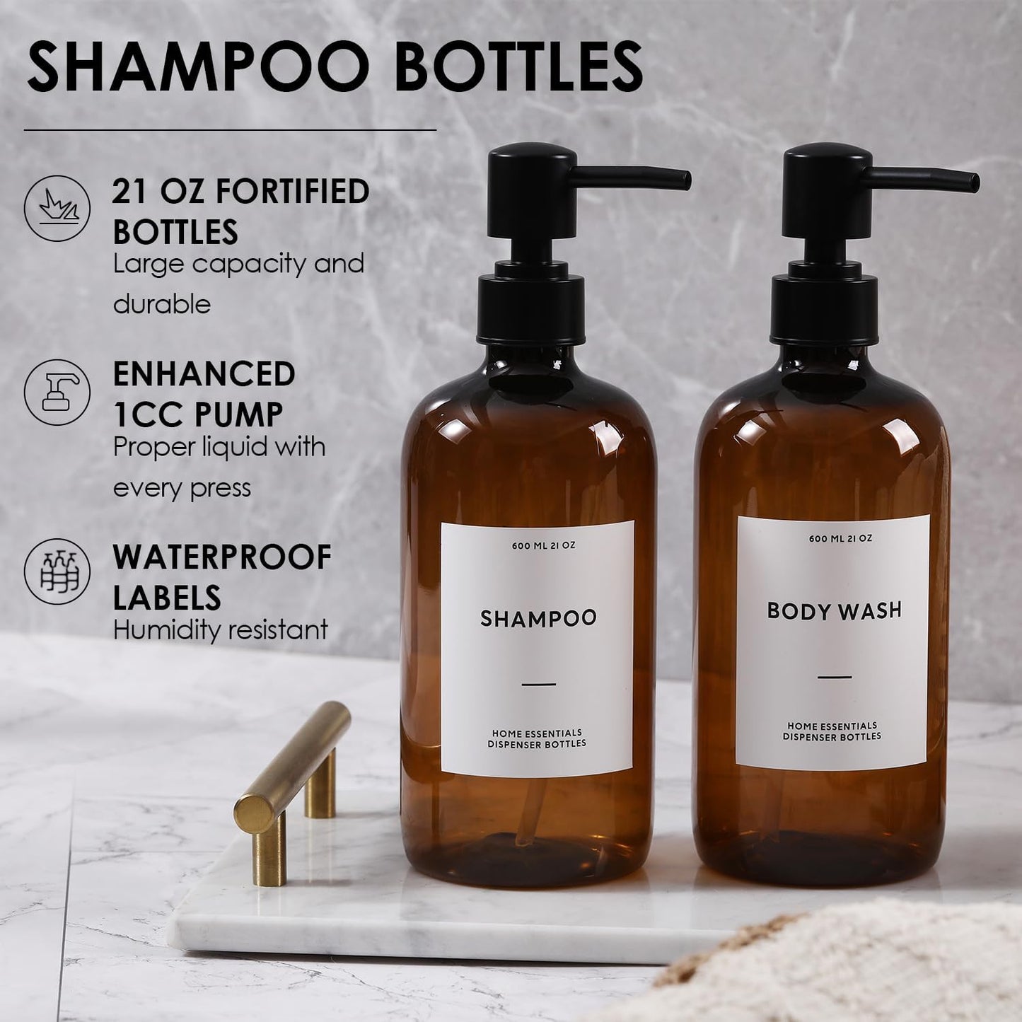 HOMCDALY Shampoo and Conditioner Dispenser, 21oz 3-Pack Refillable Shampoo and Conditioner Bottles, Shower Soap Bottles with Pump and Labels, Bathroom Shower Dispenser（21oz-Brown）