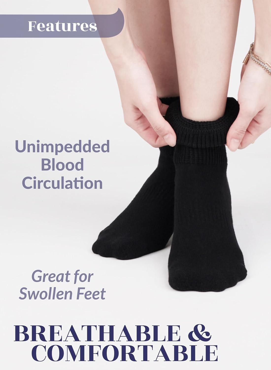 Hugh Ugoli Women's Cotton Diabetic Ankle Socks, Wide, Loose, Stretchy, Seamless Toe, Non Binding Top Semi Cushion, 3-6 Pairs