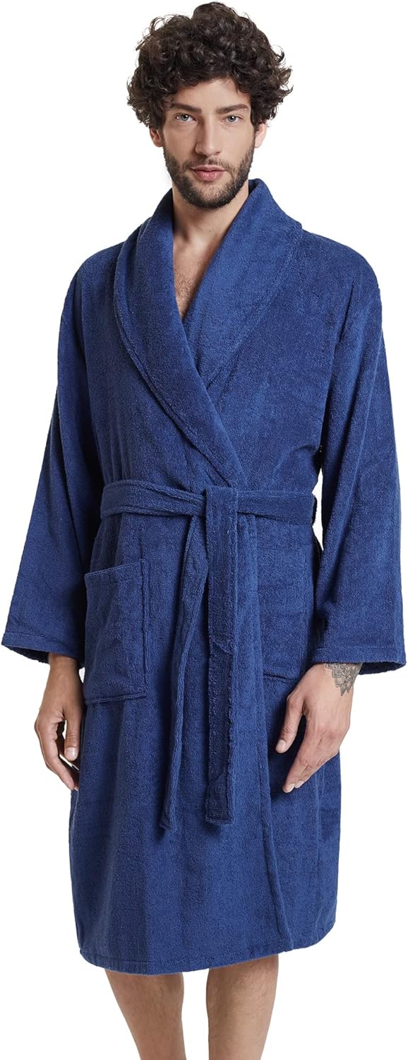 SIORO Mens Terry Bath Robe, Plush Hooded Cotton Cloth Knee-Length Robes for Spa, Shower, Soft Towel Bathrobes with Pockets