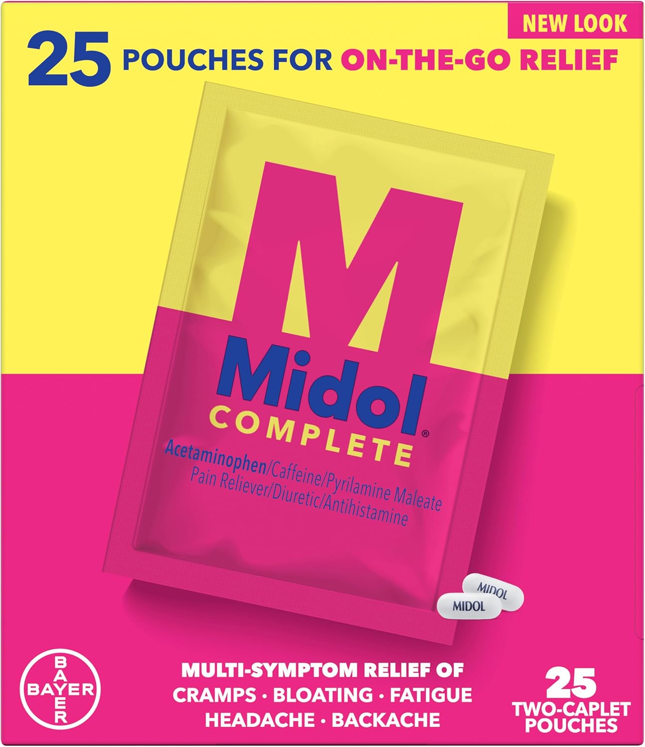 Midol Complete On The Go Caplets with Acetaminophen for Menstrual Symptom Relief, Period Cramp and Menstrual Pain Relief, 50 Count (25 Pouches of 2)