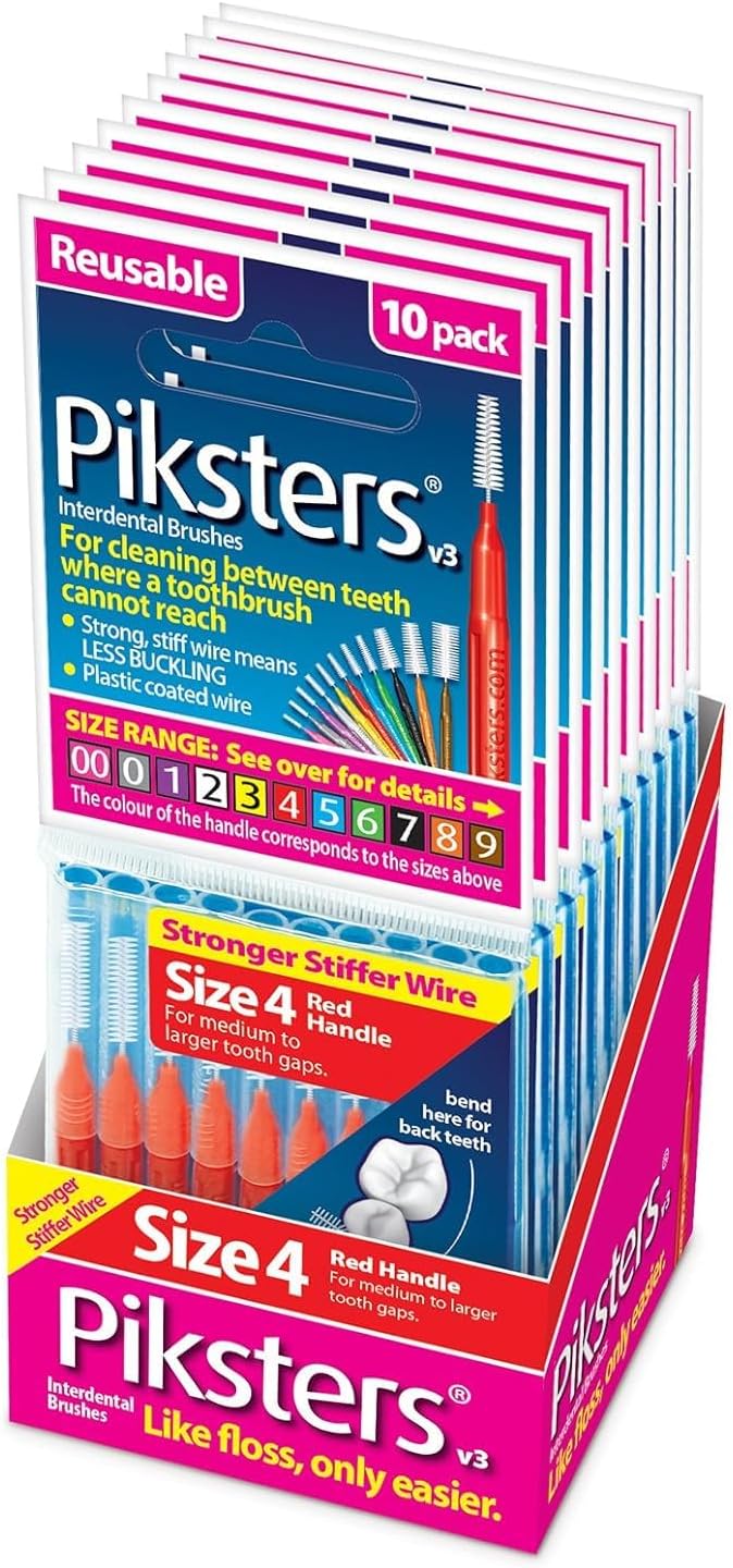 Piksters Interdental Brushes, Size 4, 100 Count (10 x 10 Packs), Interdental Tooth Brush for Medium to Large Gaps, Gum Soft Bristles for Plaque Removal, Safe for Braces (100 pk)