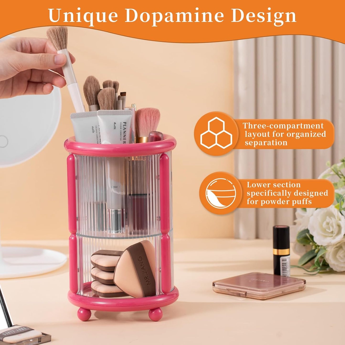 Makeup Brush Holder, 2 Tier Clear Cosmetic Tools Organizer, Round Makeup Organizer for Vanity Countertop (Rose Red)