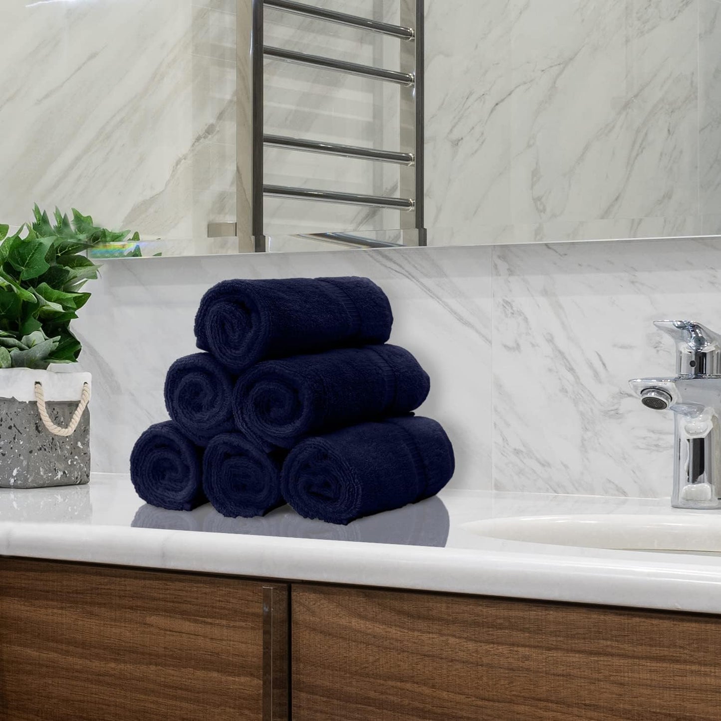 Monogrammed Hand Towel, Personalized Initial Gift, Extra Absorbent 100% Turkish Cotton - Soft Terry Finish - Set of 2 - White Block Initial F - Embroidered on Navy Blue Towels