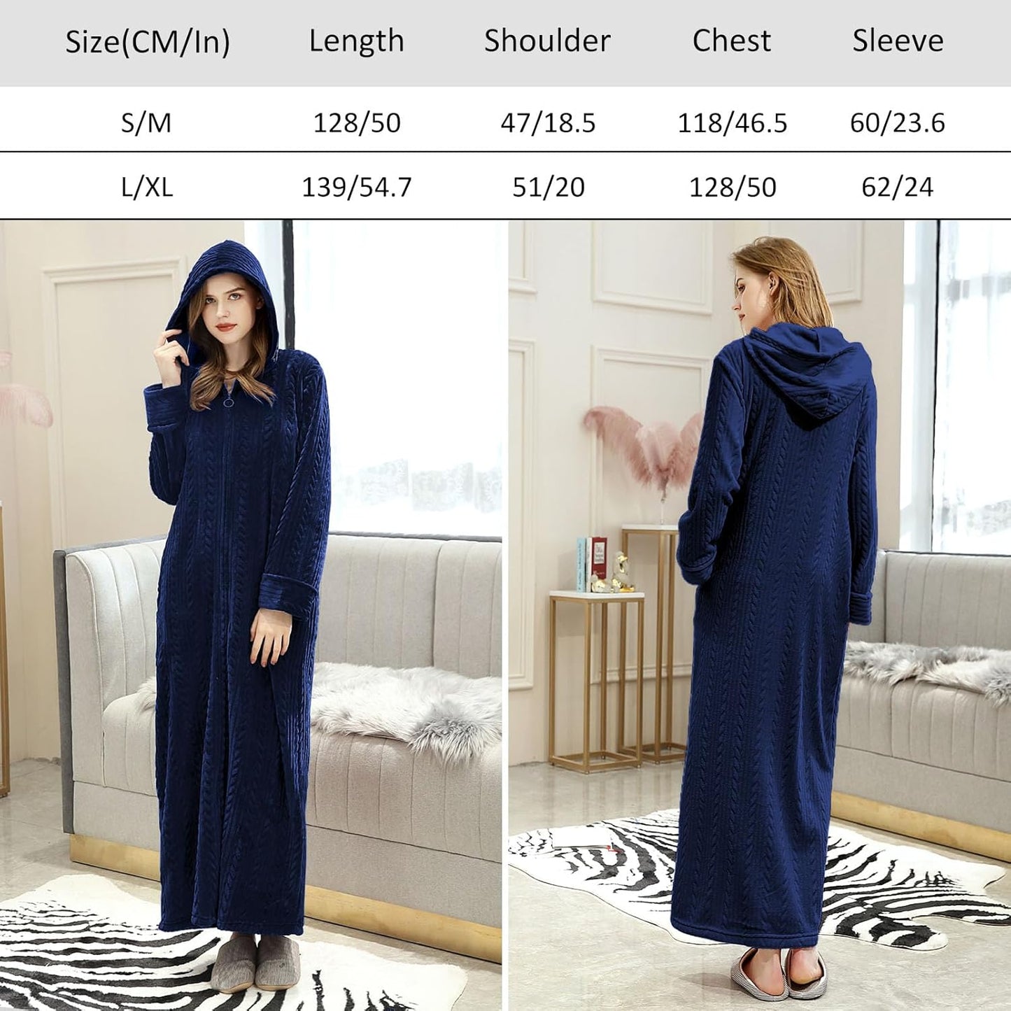 Hellomamma Long Hooded Zipper Bathrobe for Womens Flannel Fleece Robes Winter Warm Housecoat Nightgown Sleepwear Pajamas