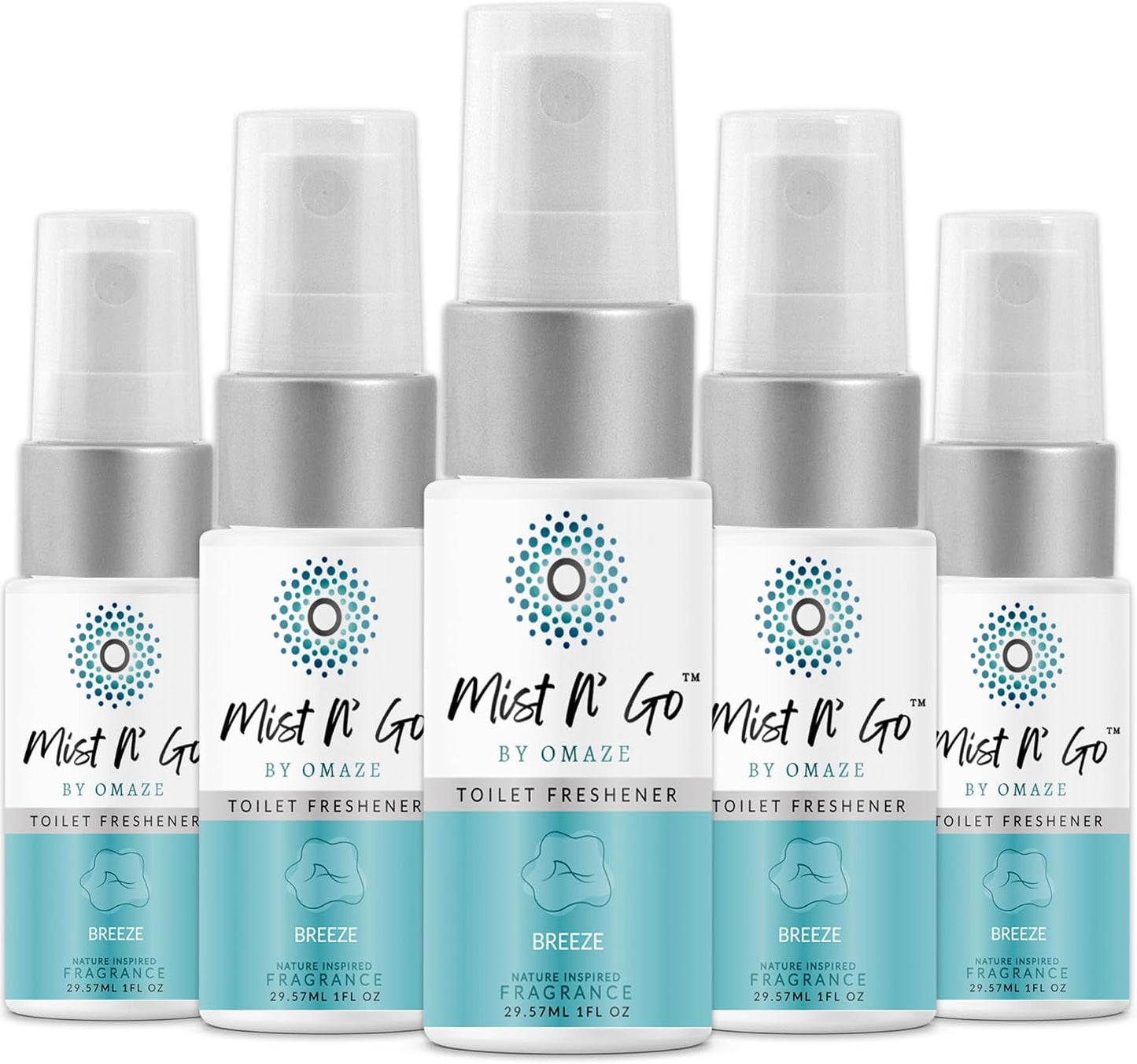 Mist N’ Go by Omaze Travel Bathroom Spray for Toilet Spray Odor Eliminator - Travel Toilet Spray for Bathroom Air Freshener Spray for Bathroom Deodorizer - Breeze Travel Size (1oz x5)