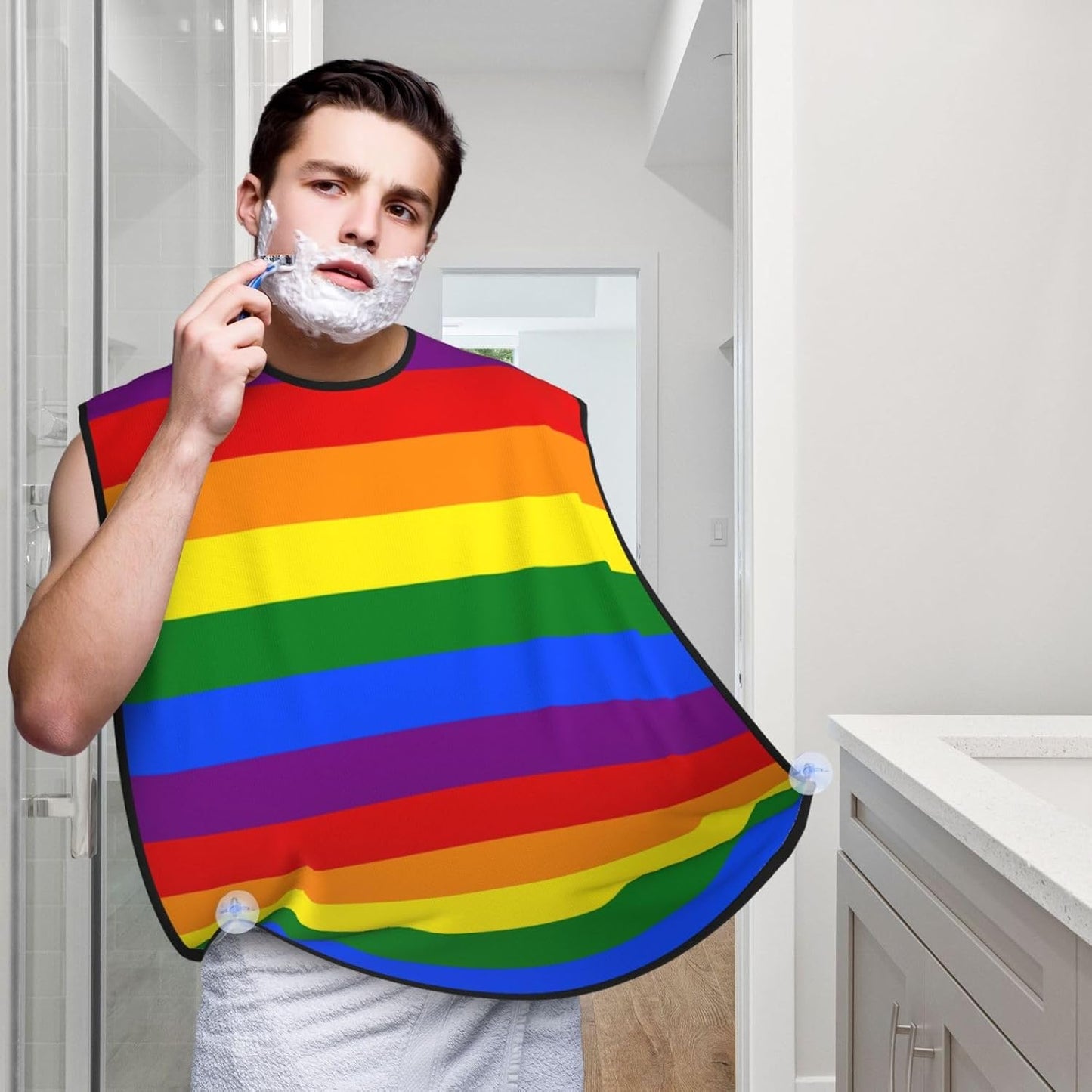 Non-Stick Beard Shaving Bib, Hair Catcher Apron with Suction Cups, Waterproof Grooming Tool for Men Husband, LGBT Pride Flag Rainbow Shave Bib