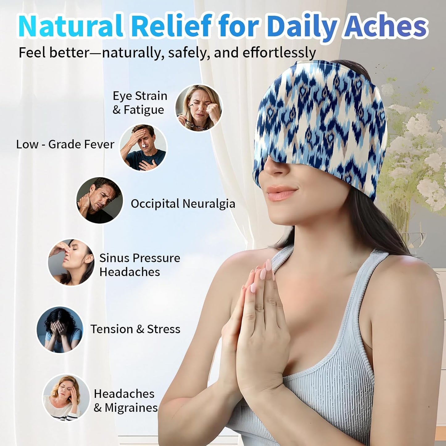 Migraine Relief Cap,Headache Relieve Cap,Bohemian Blue Texture Reusable Gel Ice Head Wrap Cap for Tension,Stress,Hangover & Puffy Eyes.