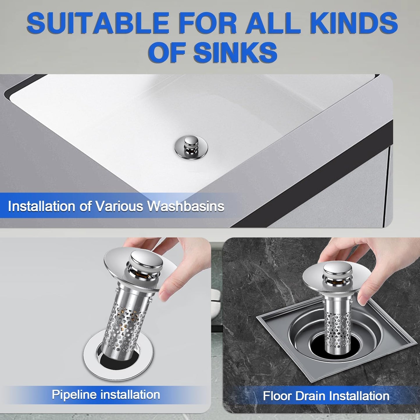 Sink Stopper Hair Catcher(New-2PCS), Pop-up Sink Drain Strainer with Removable Stainless Steel Strainer Basket Hair Catcher, Bathroom Sink Strainer for Bathroom Sink Stopper Replacement.