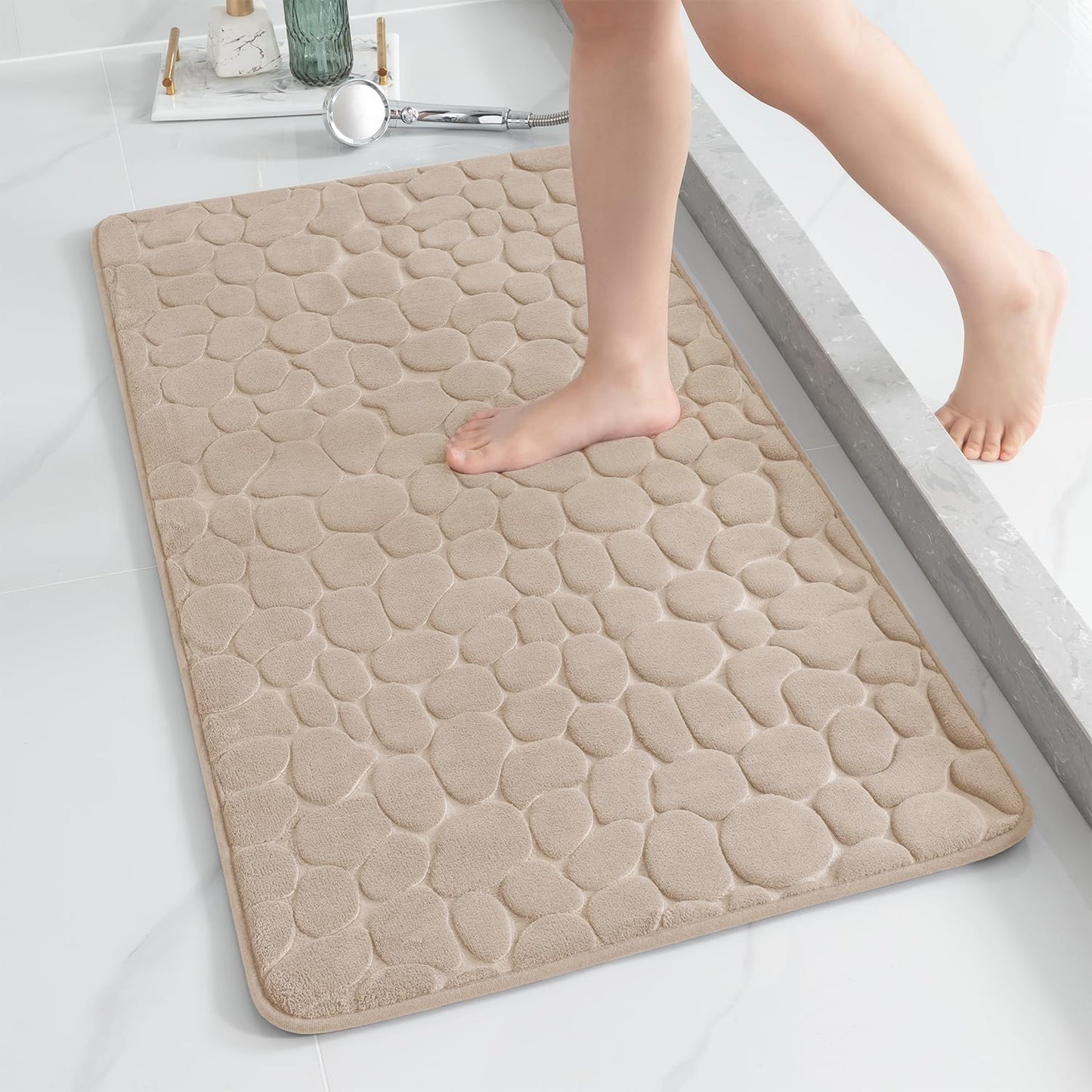 YIHOUSE Memory Foam Runner Rug, Cobblestone Bathroom Runner Rugs Super Water Absorbent Bath Mats for Bathroom Machine Washable Bath Rugs Runner for Hallway Bedroom Laundry Room(26 x 50,Khaki)