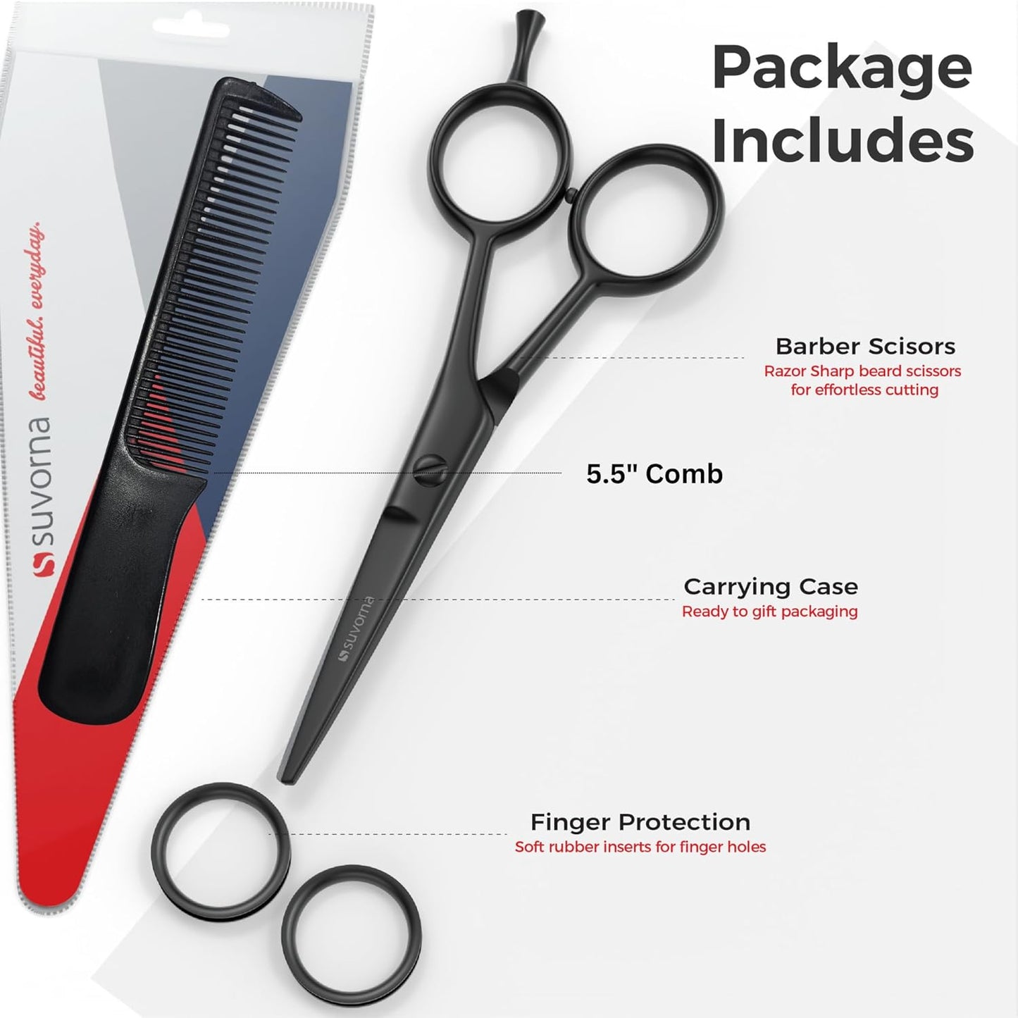 Suvorna Small Scissors with Comb for Beard, Mustache, Facial, Nose, Eyebrow, Ear Hair - Hair Scissors for Cutting, Trimming & Grooming - Made with 5" Stainless Steel for Barber, Professional, HomeUser