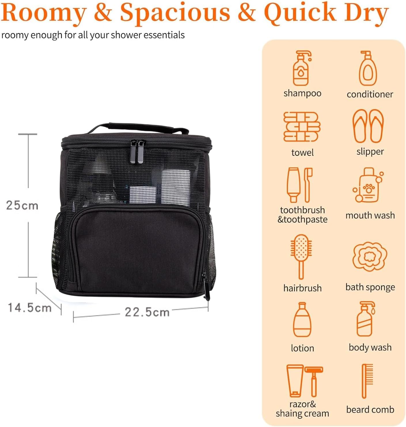 Shower Caddy Hanging Portable-Dorm Room Essentials,Waterproof Shower Bag Travel, Quick Dry- Metal Hooks Bathroom Tote Durable,Men,Women