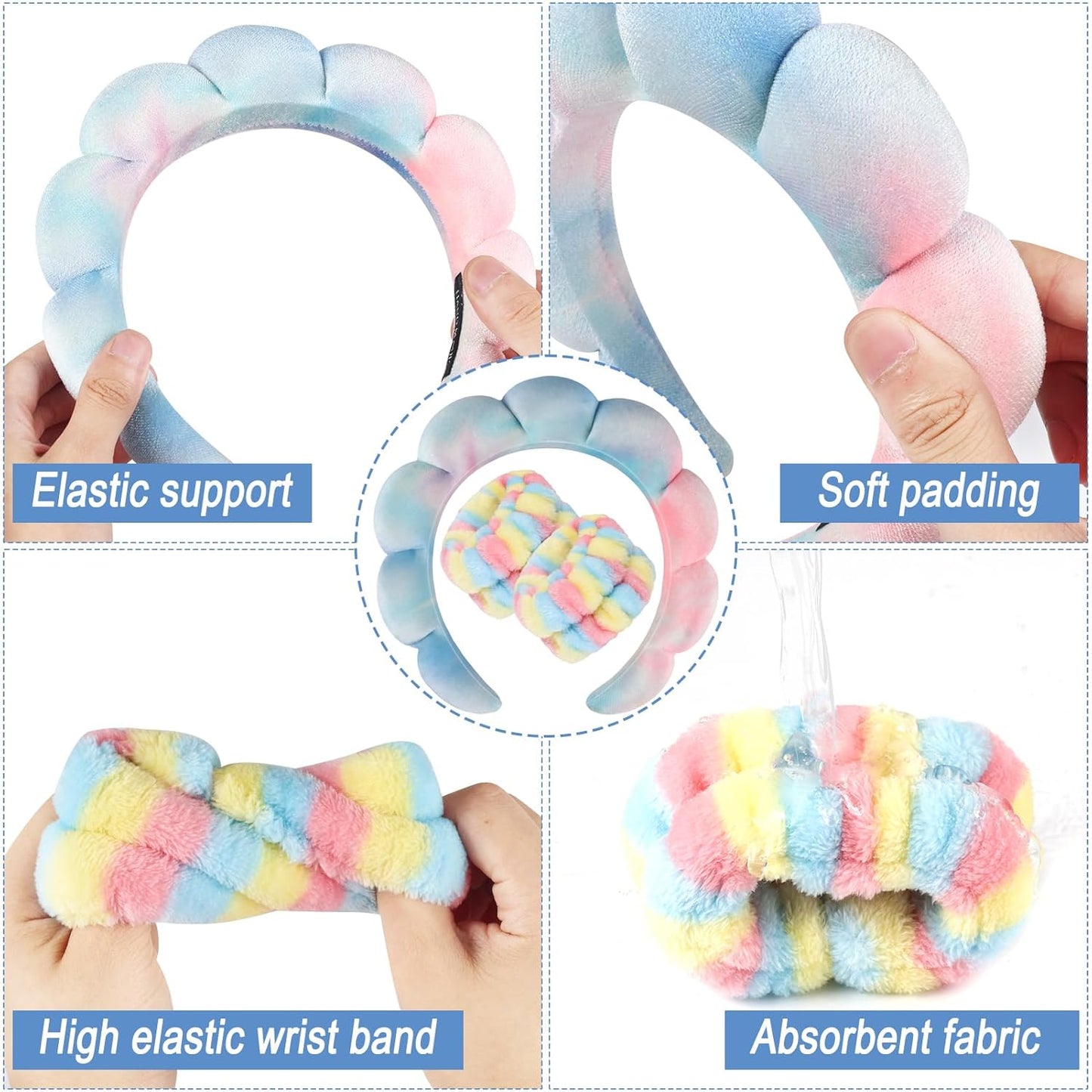 Zkptops Spa Headband for Washing Face Wristband Set Sponge Makeup Skincare Velvet Fabric Bubble Soft Get Ready Hairbands for Women Puffy Headwear Non Slip Thick Thin Hair Accessory (Pink Tie Dye)