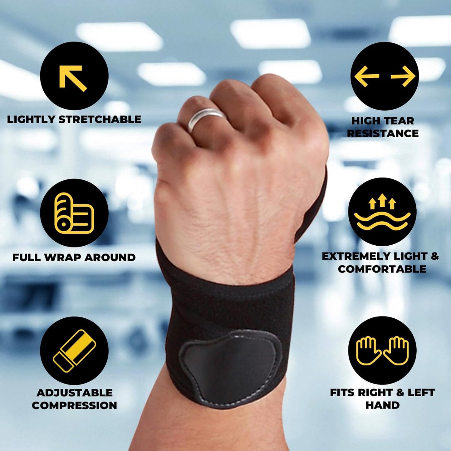NeoTech Care Wrist Band - Elastic & Breathable Fabric - Adjustable Compression Strap - Men, Women, Right or Left - Support Wrap for Protection or Sports (Black Color, Size S, 1 Pair)