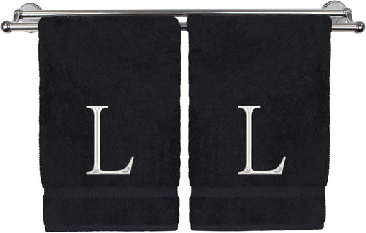 Monogrammed Hand Towel, Personalized Initial Gift, Extra Absorbent 100% Turkish Cotton - Soft Terry Finish - Set of 2 - White Block Initial L - Embroidered on Black Towels