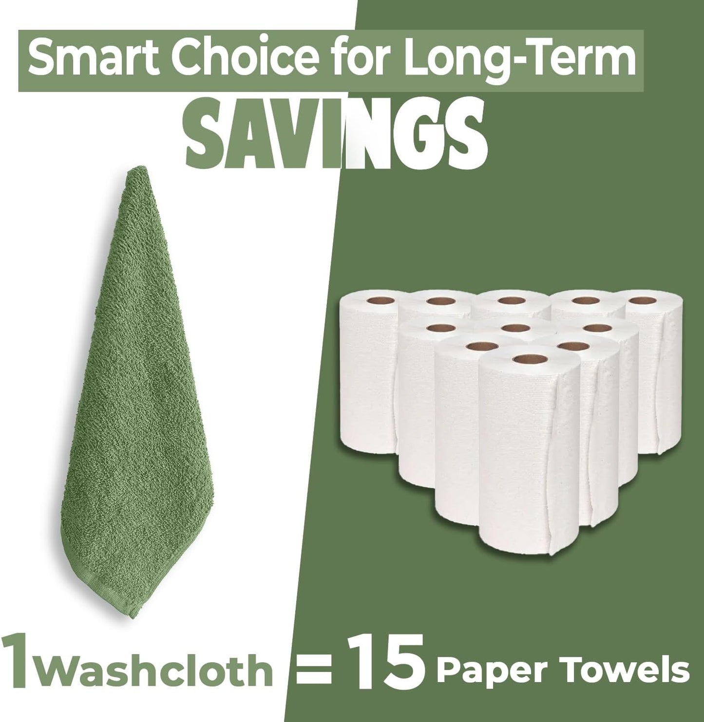 DAN RIVER 100% Cotton Wash Cloths 24 Pack [12x12] Soft & Absorbent washcloths for Showering, Gym, Hotels & Spa Perfect for Everyday Use Fingertip Towels, Sage Green