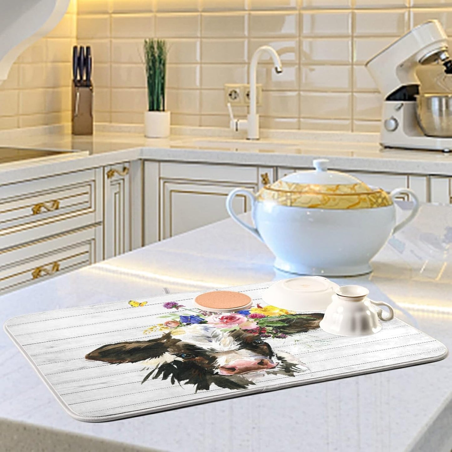 White Farmhouse Cow Wood Dish Drying Mats for Kitchen Drying Mat 16 x 18 Inch Absorbent Microfiber Drying Dish Mat Machine Washable Dish Rack Pad Dish Drainer Mat