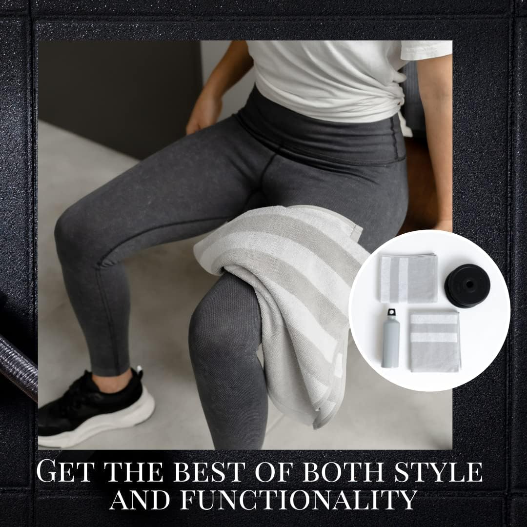 Luzia Striped Workout Towel for Sweat (Pack of 2) - Premium Quality 100% Turkish Cotton - Lightweight and Super Absorbent for Exercise, Sports, Workout, Fitness, Gym, Yoga, Running (Gray)