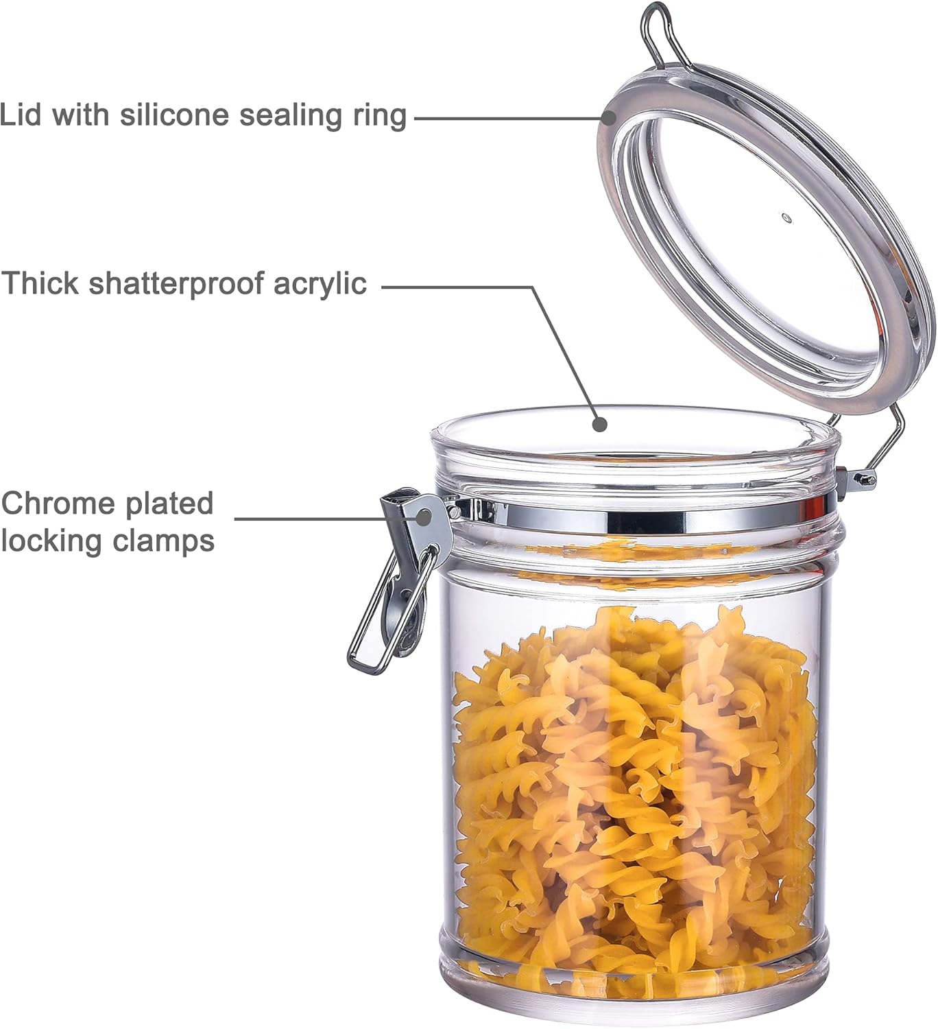 50 oz Reinforced Medium Acrylic Canister with Locking Clamp, Airtight Flip Jar | Food Storage Container for Flour, Sugar, Coffee, Candy, Cookie etc