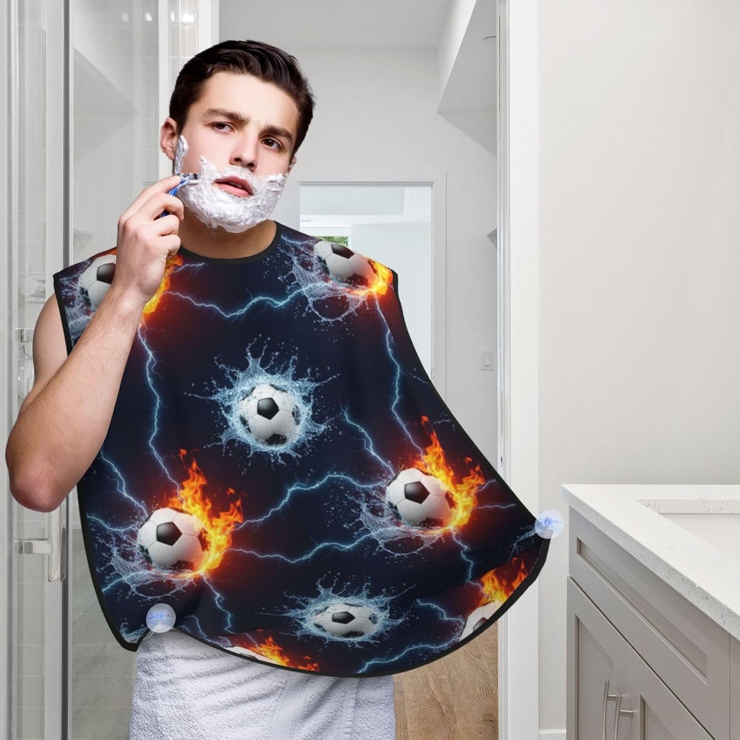 Adjustable Beard Catcher Apron, Water and Fire Soccer Ball Shave Bib, Non-Stick Waterproof Grooming Bib, Shaving Essential for Men Dad Christmas