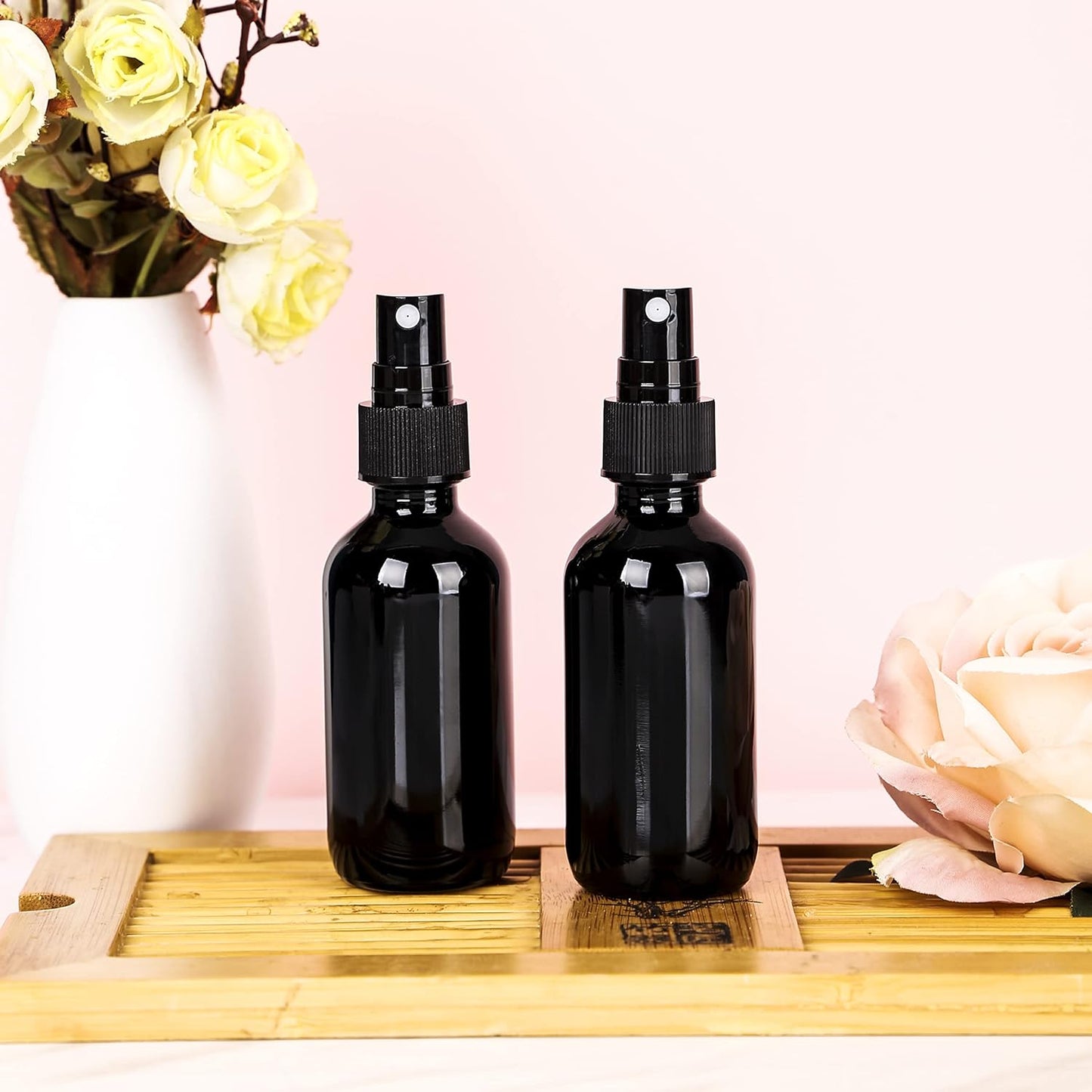 2oz Glass Spray Bottle, Fine Mist Boston Glass Bottles with Black Fine Mist Sprayer Small Clear Bottles for Essential Oils, Bath, Beauty, Hair & Cleaning, UV Black, Pack of 12