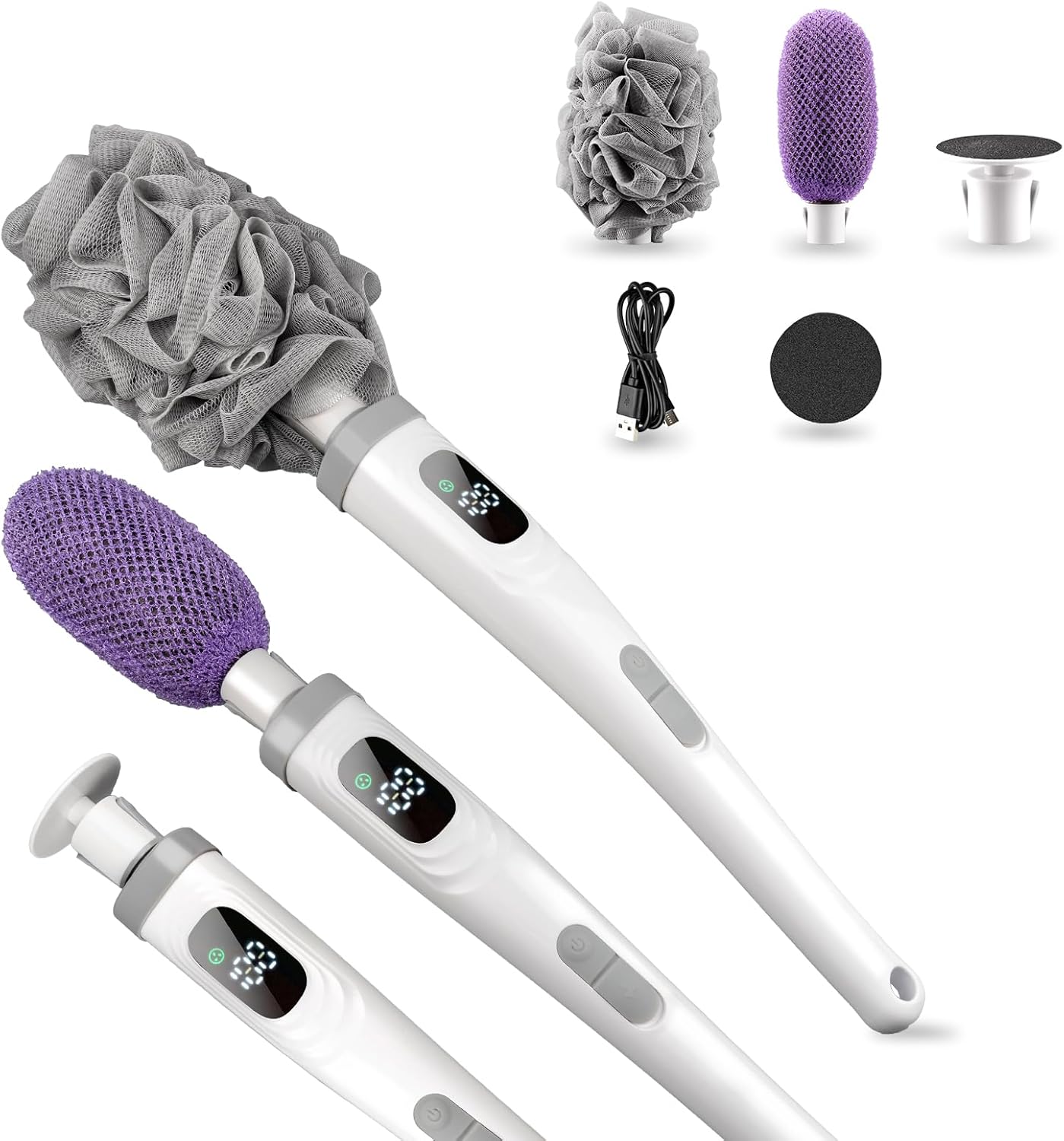 Electric Back Scrubber for Shower,African Net Sponge Long Handle Exfoliating Body Scrubber,IPX7 Waterproof Bath Brush with 3 Heads & 2 Speeds,for Cleansing, Exfoliating and Foot Callus Remover