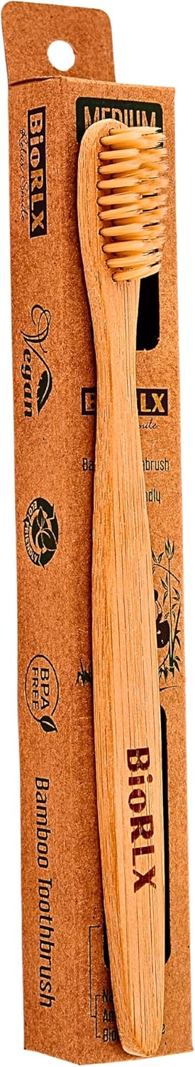 BioRLX Bamboo Toothbrush - Biodegradable Wooden Toothbrushes, Natural BPA Free - Wooden Toothbrush, Eco-Friendly - Compostable and Durable (One Piece, Medium)