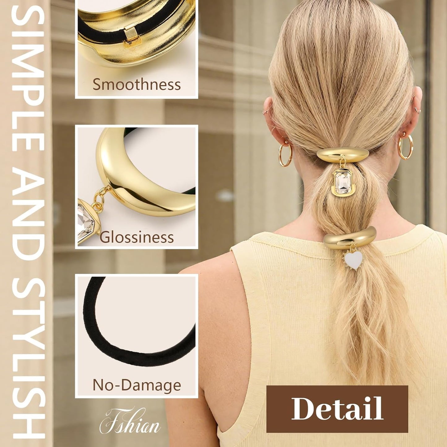 3PCS Gold Hair Ties, Metal Hair Ties for Thick Hair, Gold Ponytail Cuff Elegant Durable Geometric Design, Hair Accessories for Women, Stretchy & Non Damage Ponytail Holders with Pendant Holiday Gifts