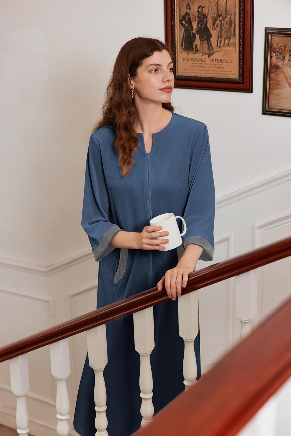 Ekouaer Women Zipper Robe 3/4 Sleeves Loungewear Dress Full Length Sleepwear Pockets Housecoat Nightgown Long Bathrobe