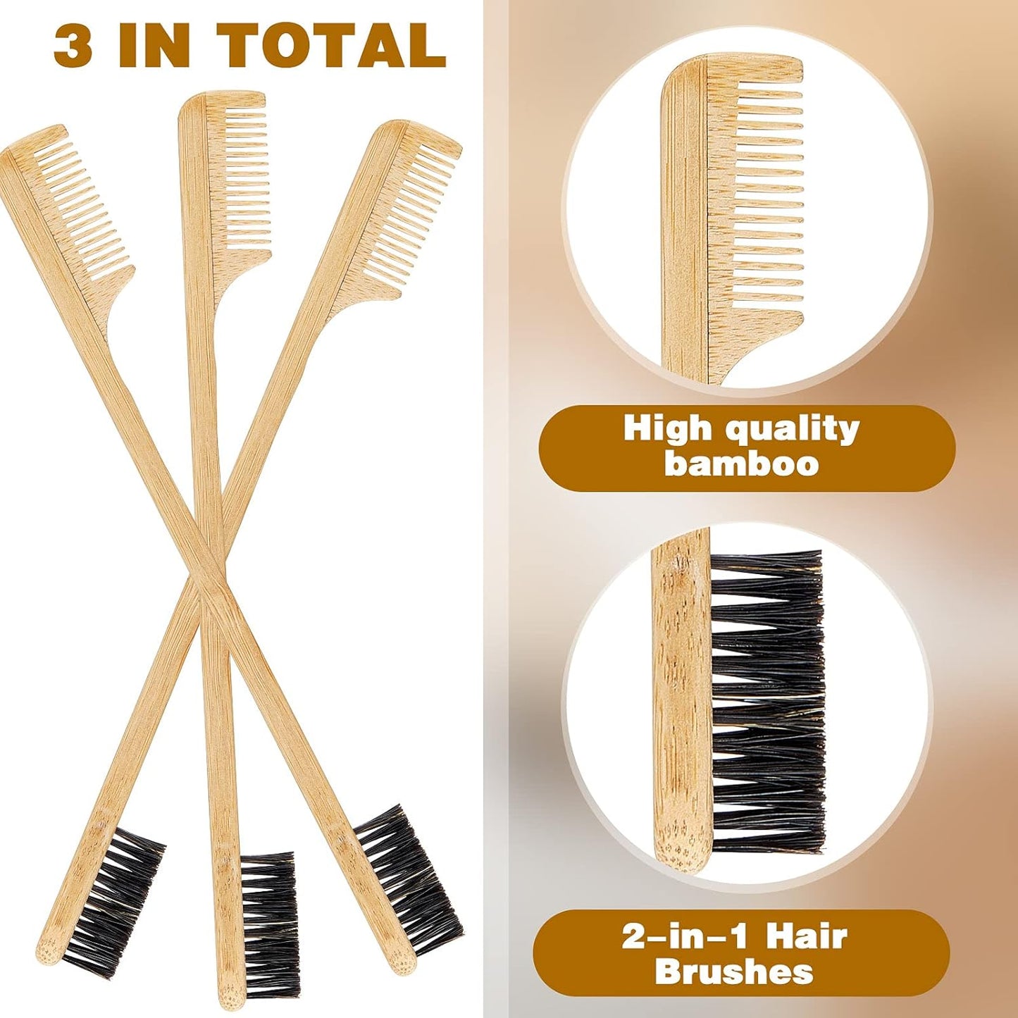 Geiserailie 3 Pieces Moustache Comb and Brush Hair Edge Bamboo Brushes 2-in-1 Edge Mustache Comb Gentle Control Wood Eyebrow Tool