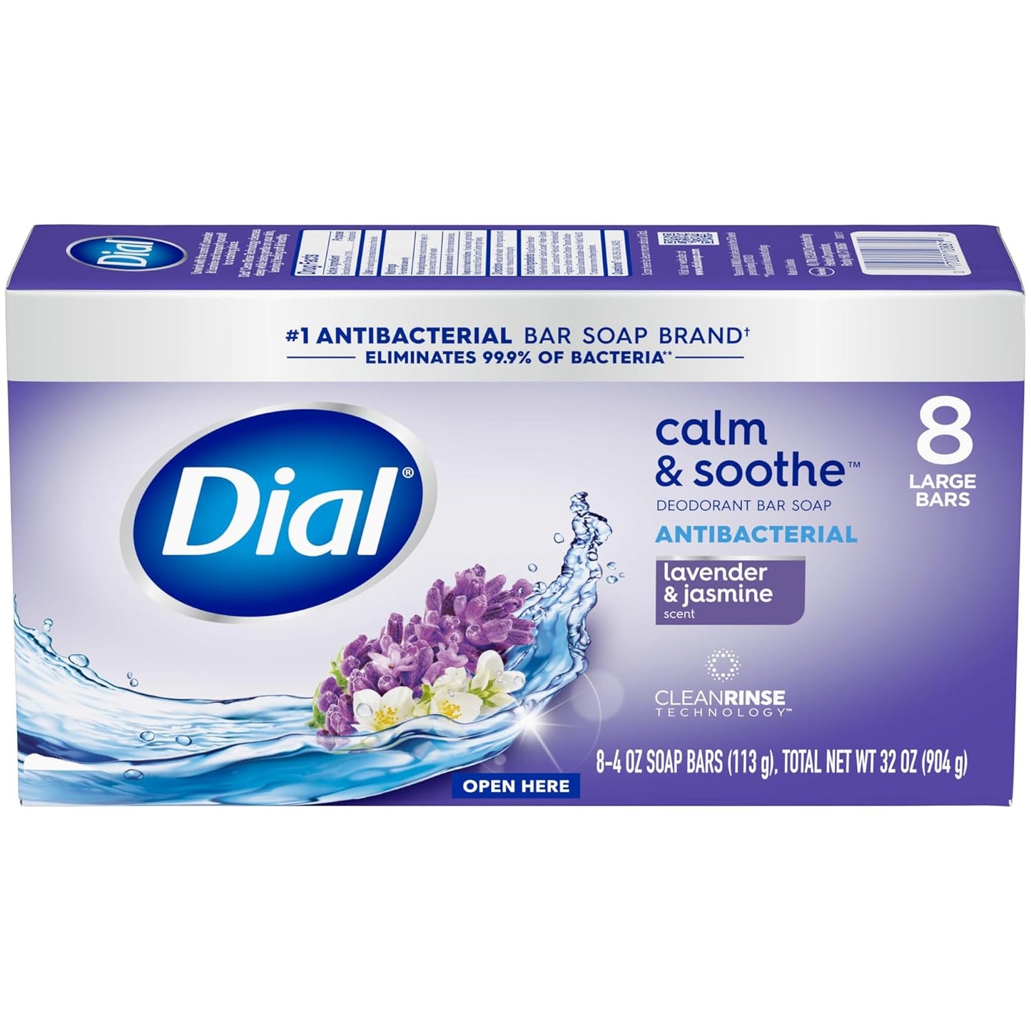 Dial Antibacterial Bar Soap, Calm & Soothe, Lavender & Jasmine Scent, 4 oz, 8 Bars Pack of 4