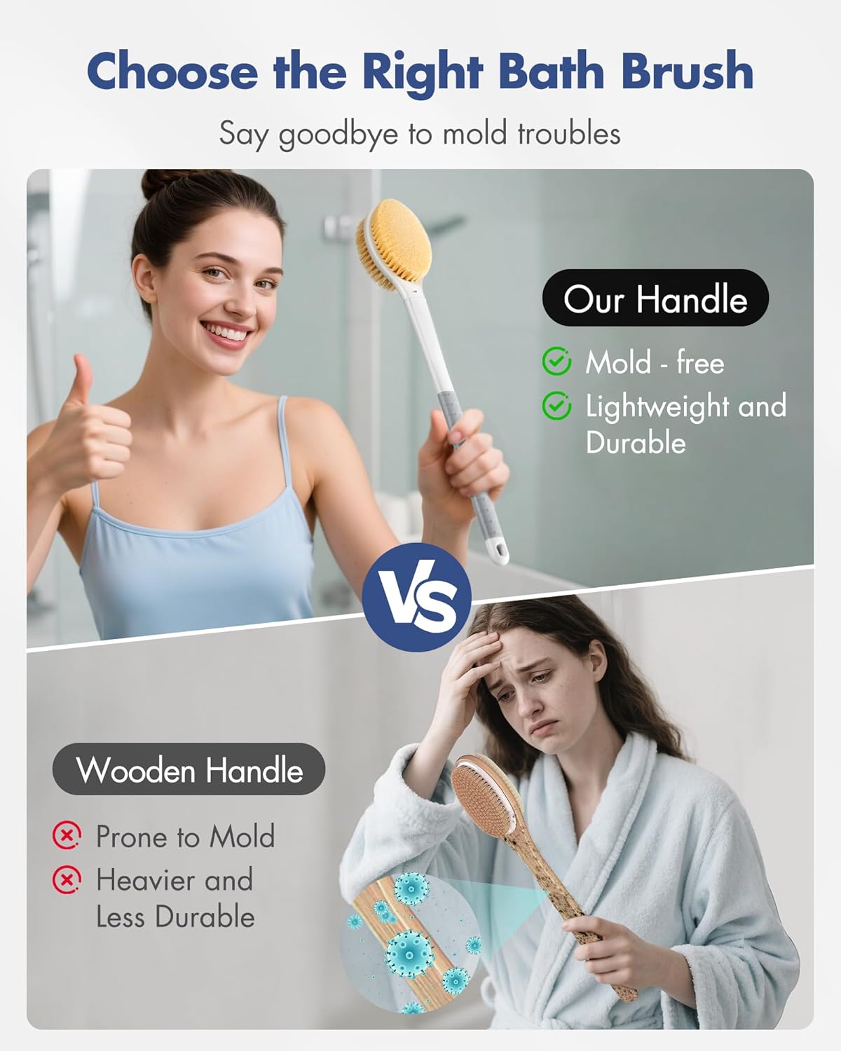 Back Scrubber Body Shower Brush: Anti Slip Long Handle Bath Brush with Stiff and Soft Bristles - Showering Exfoliator Wet or Dry Brushing for Women, Men, Elderly (Grey)