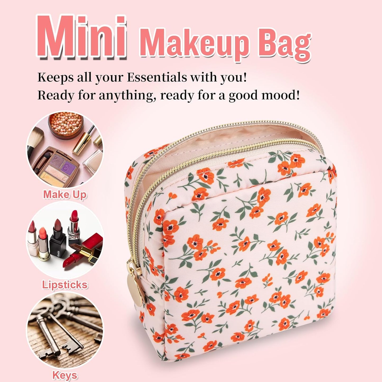 Nylon Mini Floral Makeup Bag for Purse, Small Cute Pink Makeup Bag Preppy Flower Cosmetic Zipper Pouch, Waterproof Travel Coin Pouch Sanitary Napkin Storage Bag Makeup Organizer for Women(Pink-Floral)