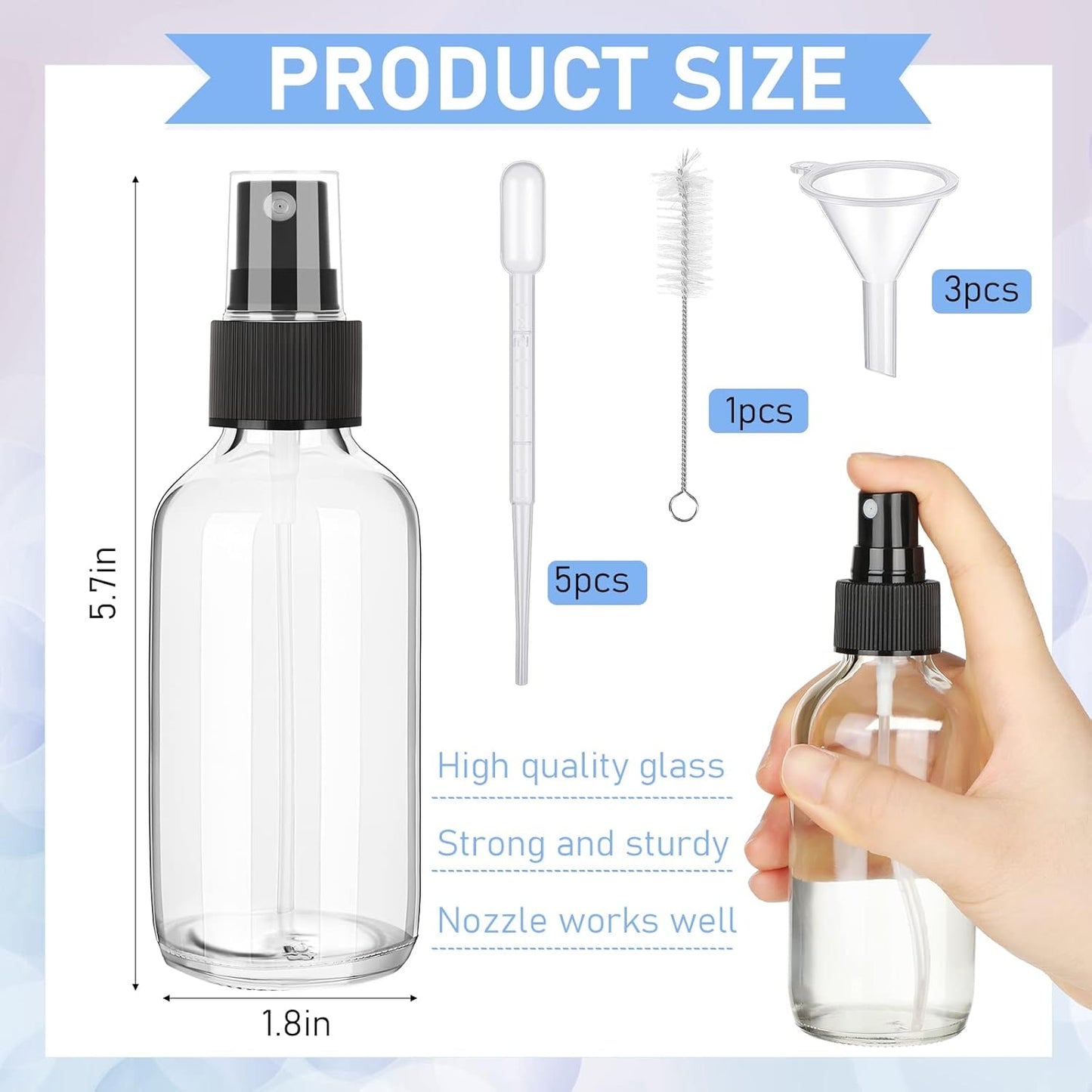 Nuogo 50 Pieces Mini Glass Spray Bottles Bulk 4 Oz Fine Mist Glass Bottles with Funnel Dropper and Cleaning Brush Refillable for Essential Oils, Perfumes and Aromatherapy(Transparent)