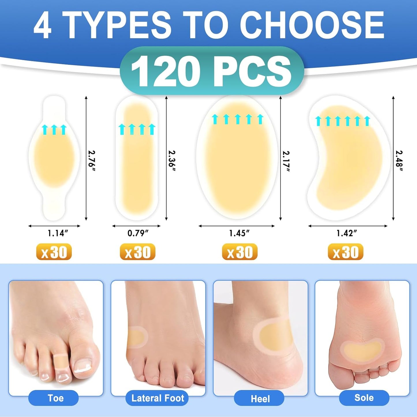Arme Hydrocolloid Bandages, 50Pcs Gel Blister Bandages for Feet, Waterproof Blister Pads Blister Cushions for Prevention & Recovery, Blister Bandaids for Heel Foot Toe Protection(4 Shape Variety Pack)