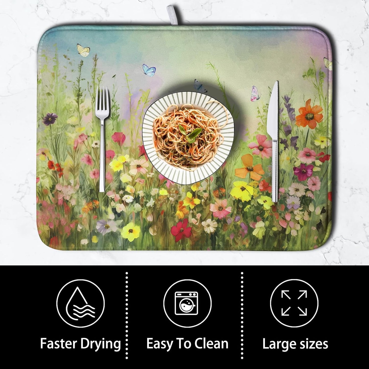 Spring Floral Dish Drying Mat for Kitchen Counter 18x24 Inch Sage Green Wild Flowers Drying Mats Spring Summer Plant Microfiber Absorbent Large Dish Rack Pad for Coffee Bar Sinks Home Accessories