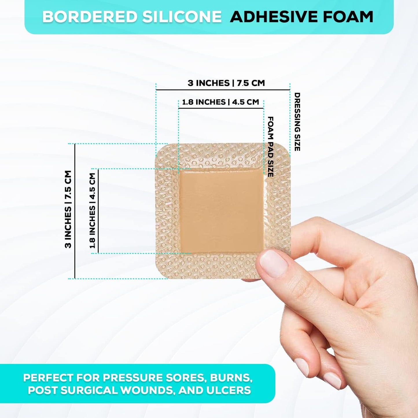 MedVanceTM Silicone - Bordered Silicone Adhesive Foam Dressing, Size 3"x3", (1.8"x1.8" pad), Box of 10 dressings