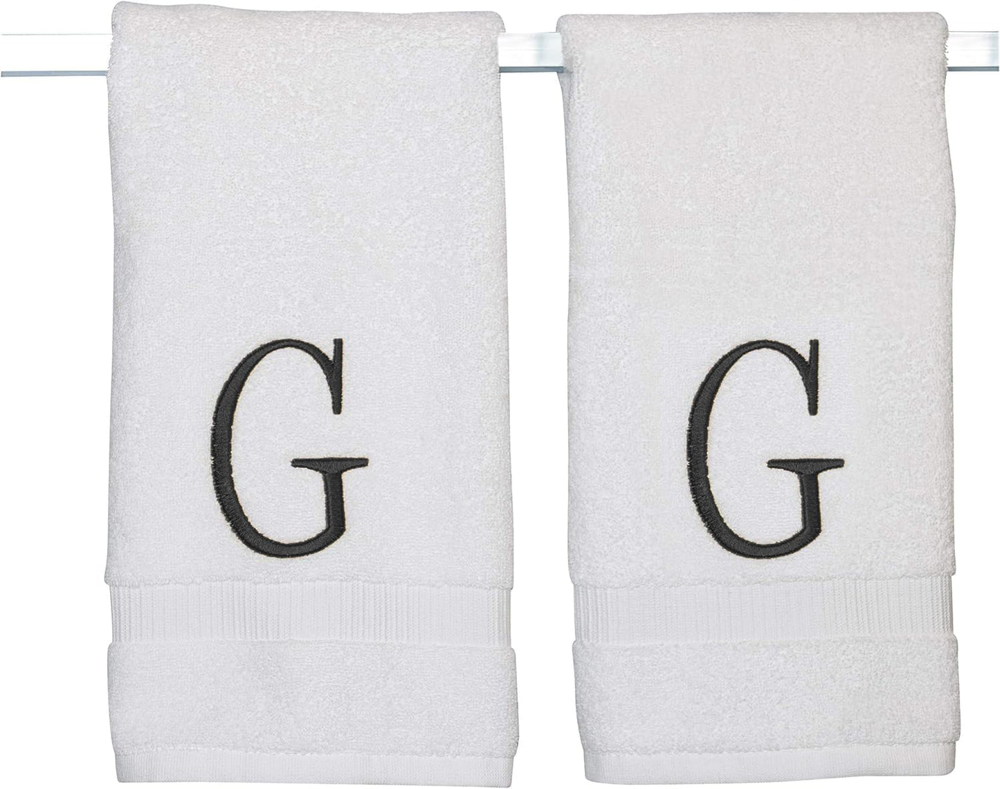 Black Powder Room Hand Towel - Monogram Initial Hotel Quality Decorative Embroidered Luxury Towel for Spa - GOTS Organic Certified - Pack of 2, Letter G