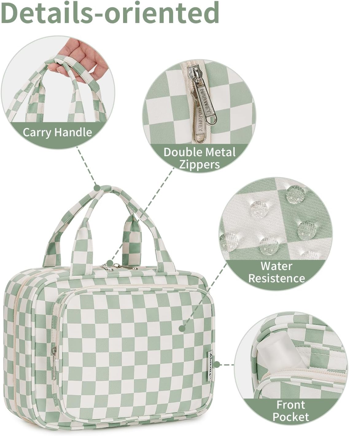 Narwey Hanging Toiletry Bag for Women Travel Checkered Makeup Bag Organizer Toiletries Bag for Travel Size Essentials Accessories Cosmetics (Mint Green Checkerboard (Medium))