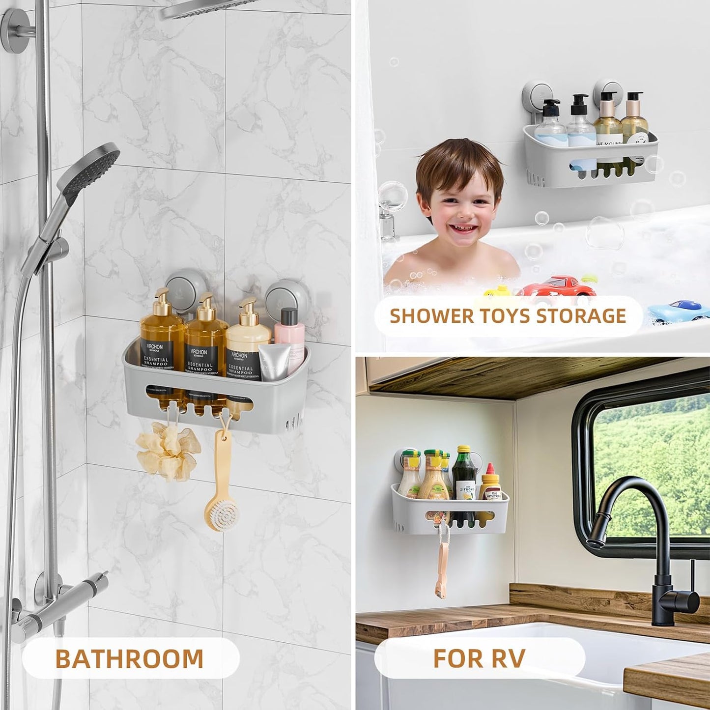 LEVERLOC Shower Caddy Suction Cup, Shower Organizer Removable Bathroom Shelf, Storage Suction Powerful Max Hold 22lbs Bathroom Caddy Waterproof Holder, Gray