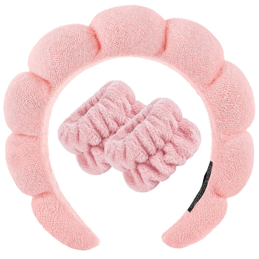 Zkptops Spa Headband for Washing Face Wristband Set Sponge Makeup Skincare Terry Cloth Bubble Soft Get Ready Hairband for Women Girl Puffy Padded Headwear Non Slip Thick Hair Accessory(Orange Pink-2)