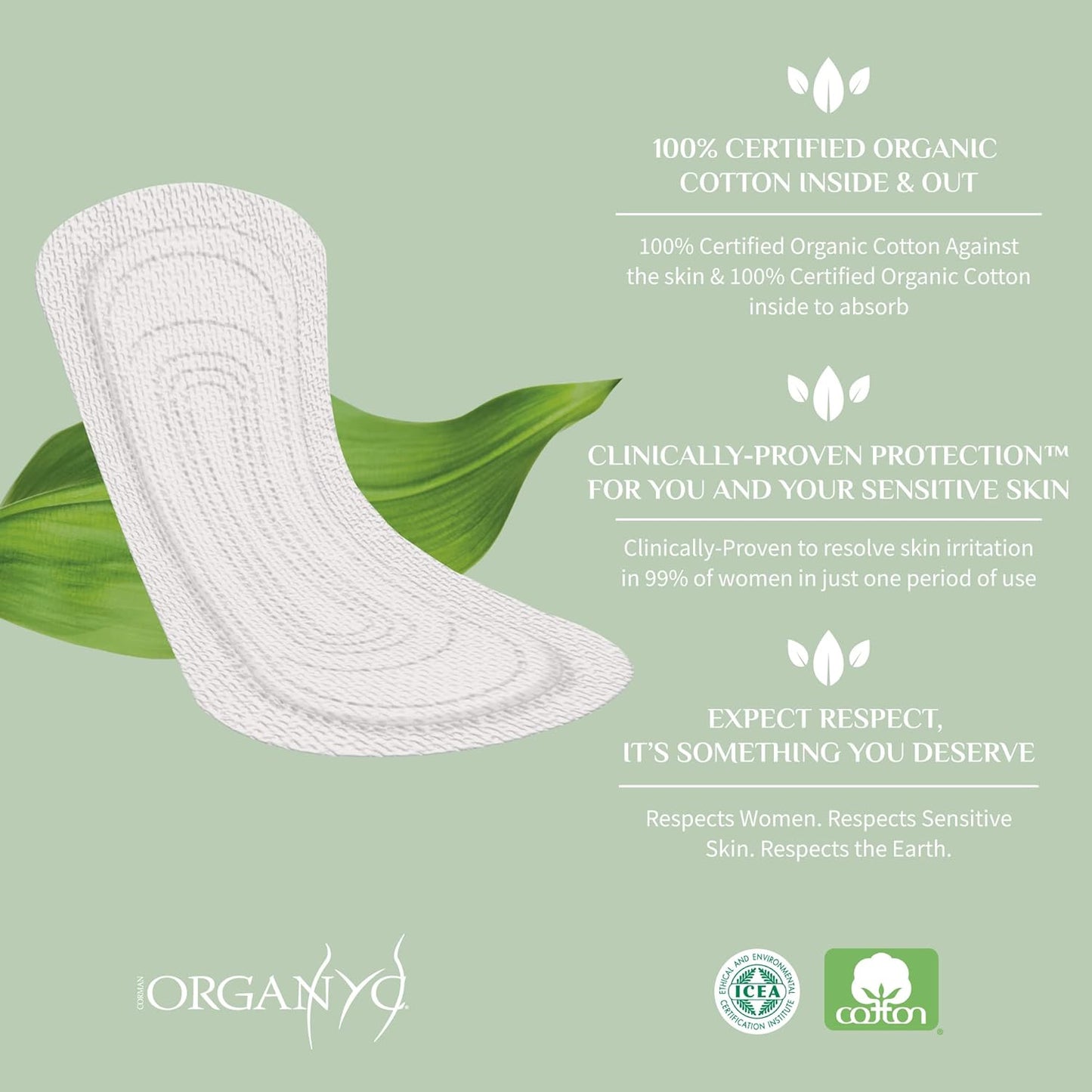 Organyc 100% Certified Organic Cotton Inside and Out Folded Panty Liner - Everyday Sanitary Pad, Free from Wood Pulp, Perfumes, SAP and Chemicals, Light Flow (144 Count)