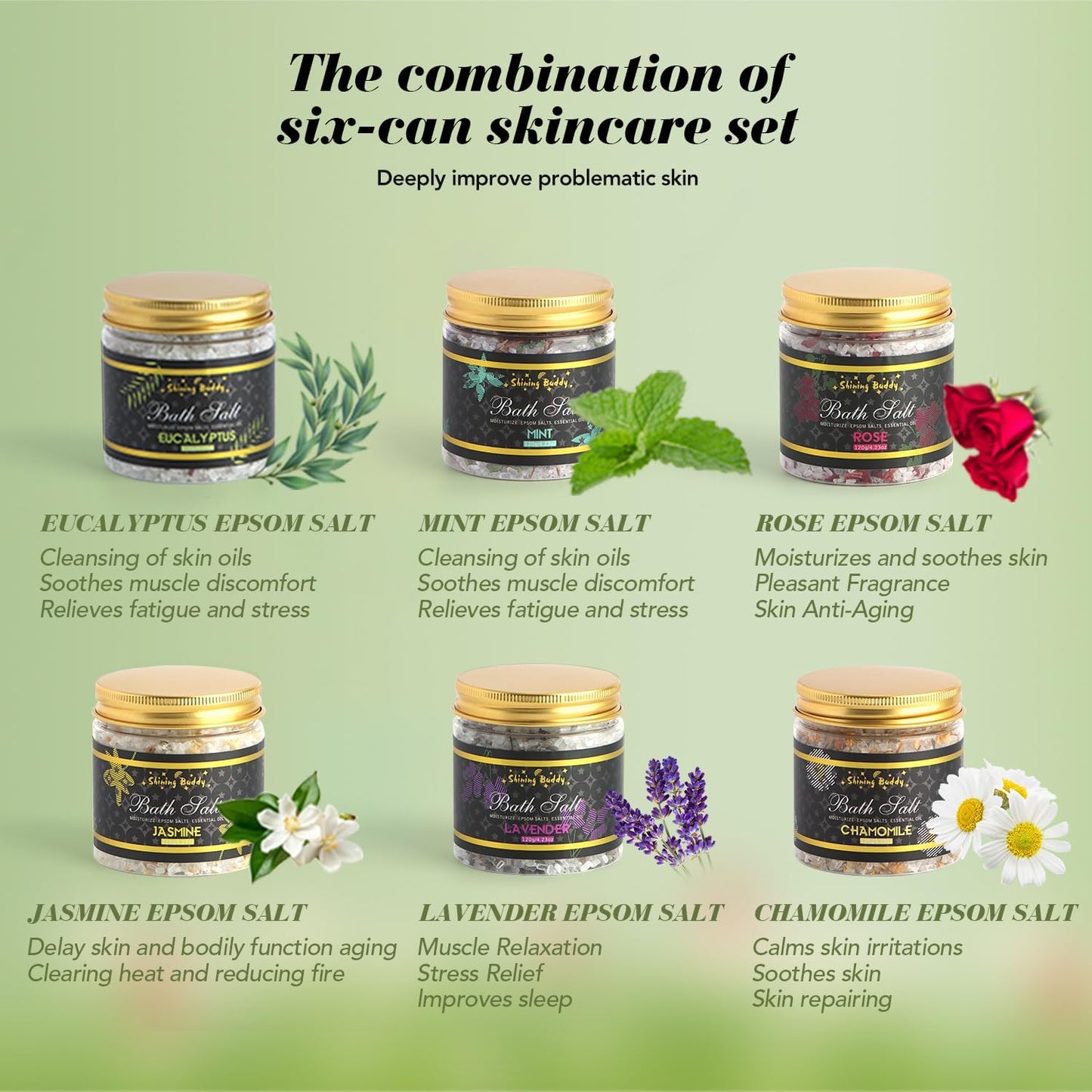 Epsom Bath Salts for Soaking Lavender, Eucalyptus & Rose Bath Salts for Women Relaxing,6pc Self Care Gift Set with Chamomile & Mint Spa Grade Muscle Relief,Natural Essential Oils,Sensitive Skin Safe