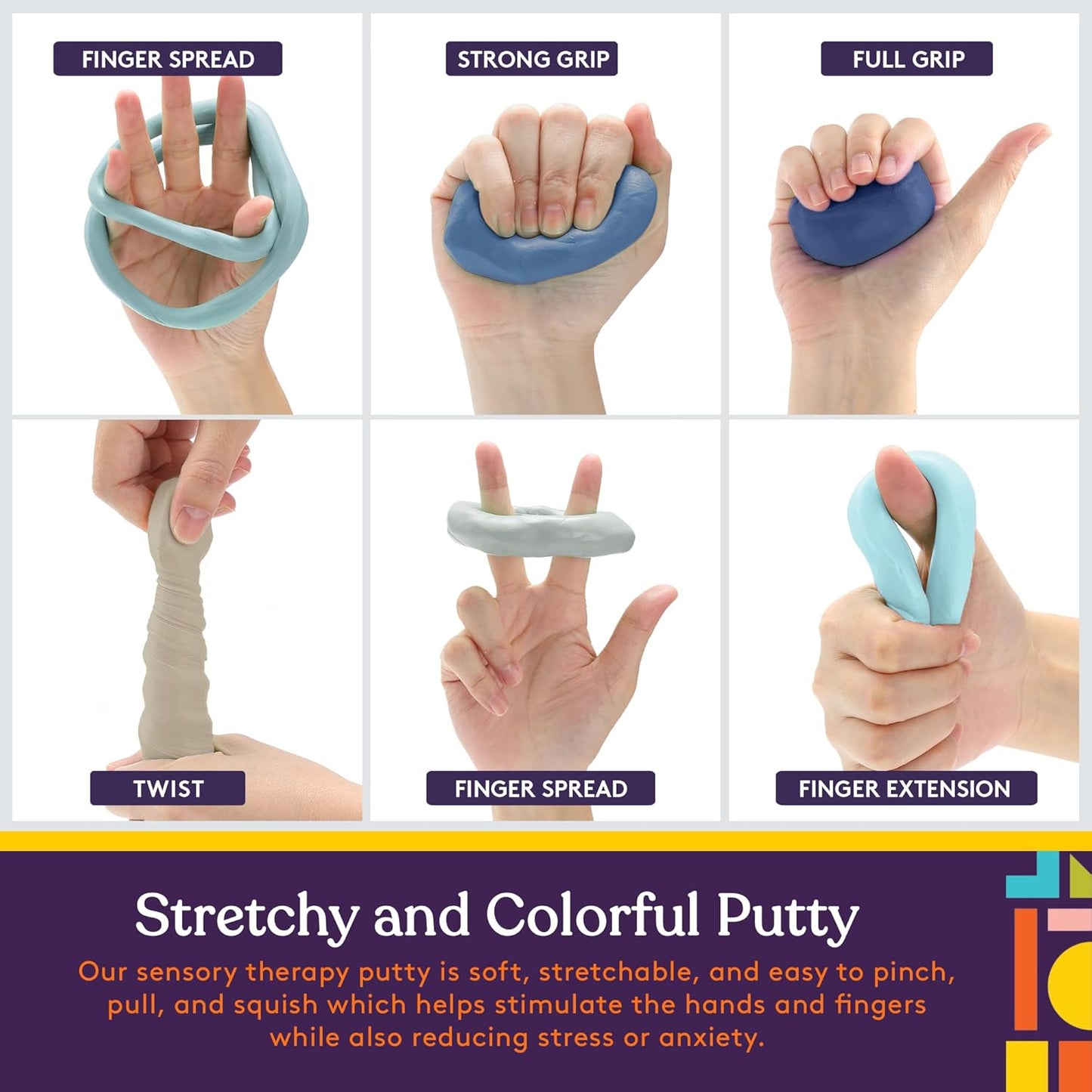 Special Supplies Therapy Putty for Kids and Adults - Resistive Hand Exercise Stress Relief Kit, Set of 6 Strengths, 3 Ounces of Each Putty - Ocean Colors