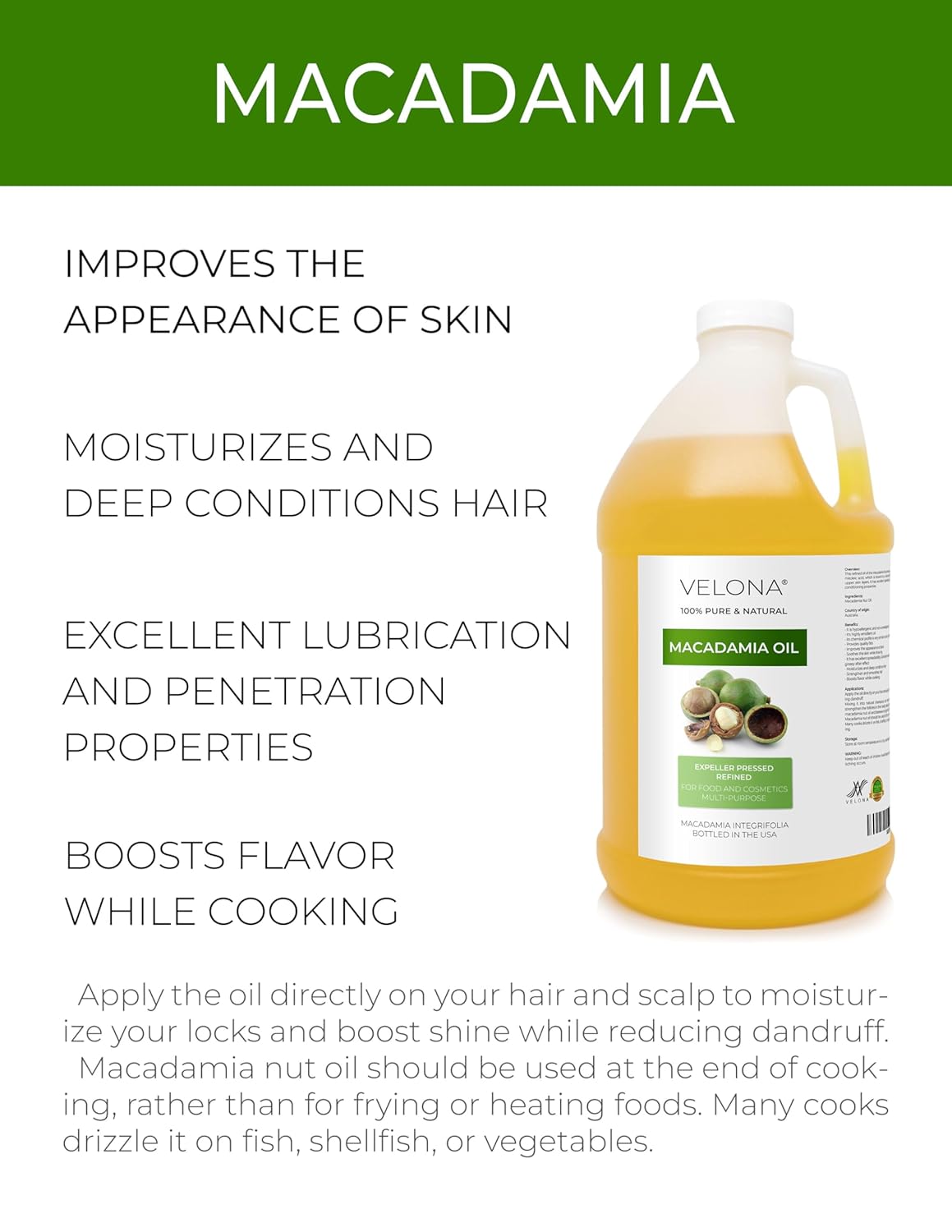 velona Macadamia Nut Oil 1 Gallon / 128 Fl Oz | 100% Pure and Natural Carrier Oil | Refined, Cold pressed | Cooking, Skin, Hair, Body & Face Moisturizing | Use Today - Enjoy Results