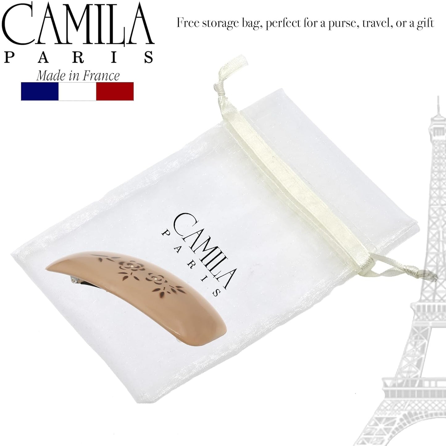 Camila Paris CP3438 French Hair Barrette Clip for Girls, Rubberized Automatic Clasp Strong Hold Grip Hair Clips for Women, No Slip and Durable Styling Girls Hair Accessories, Made in France (Beige)